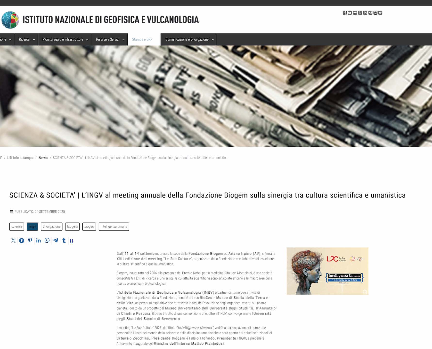 SCIENZA & SOCIETA’ | L’INGV al meeting annuale della Fondazione Biogem sulla sinergia tra cultura scientifica e umanistica